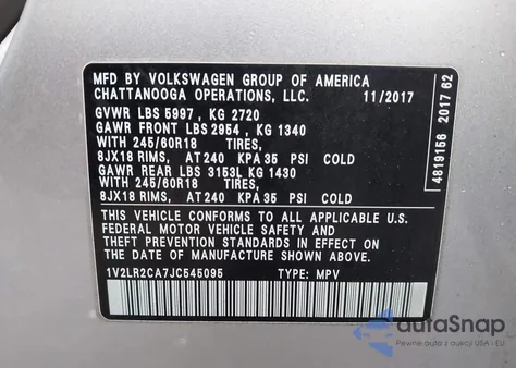 2018 Volkswagen Atlas 3.6L V6 Se/3.6L V6 Se W/Technology из США, поврежденный, VIN 1V2LR2CA7JC545095